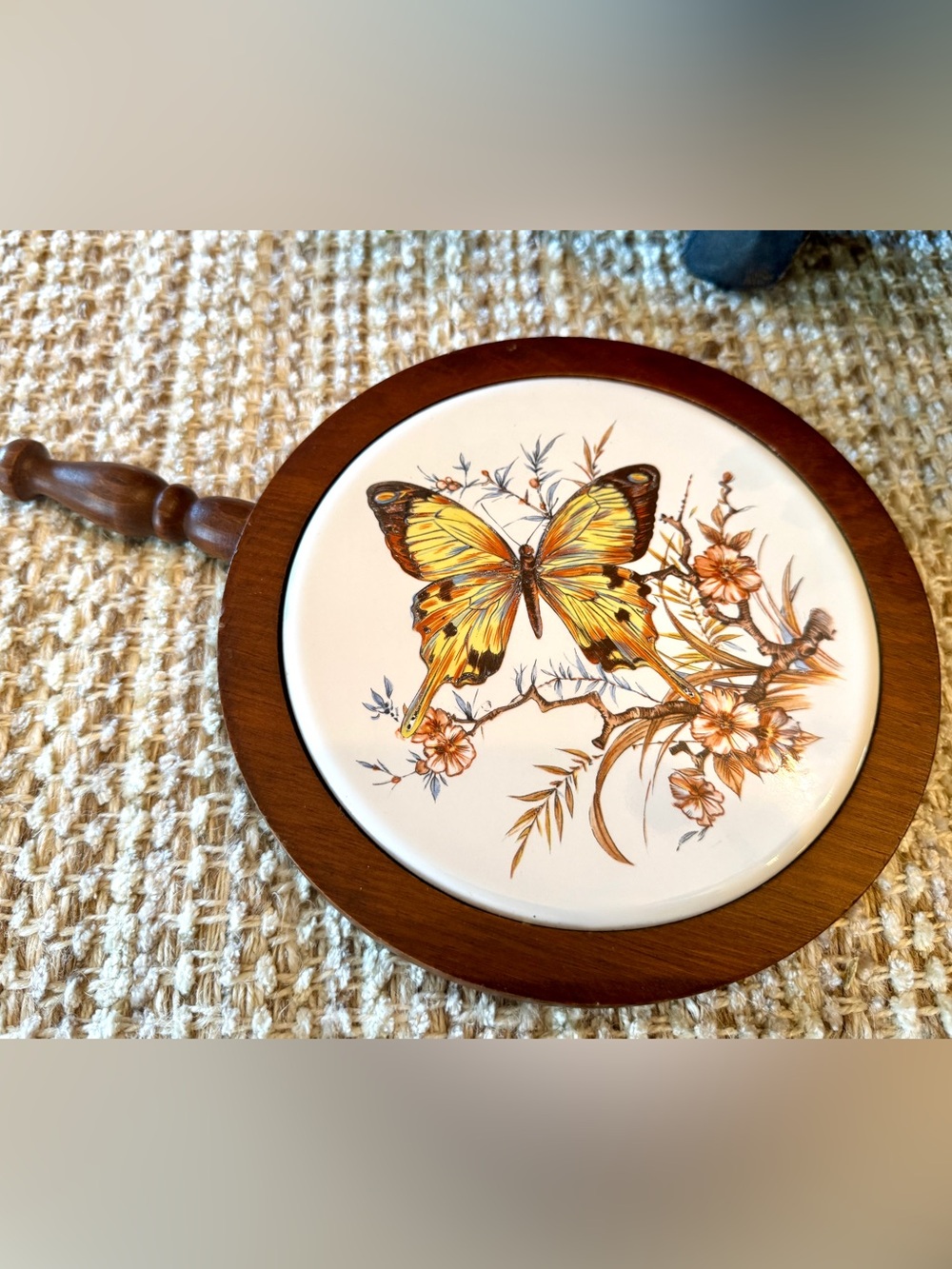 Vintage Butterfly Tile Trivet with Wood Handle Fall Cottagecore kitchen